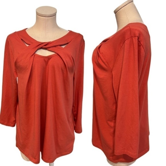 Soft Surroundings Dark Coral Long Sleeve Top with Cross Cross Element at Chest - Picture 1 of 10